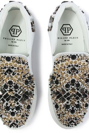 Кожаные слипоны с декором Philipp Plein Philipp Plein WSC0675 Белый/блоки,стразы,золот купить с доставкой