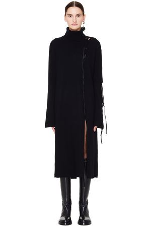 Шерстяное платье с кожаной шнуровкой Yohji Yamamoto FV-K04-191/blk