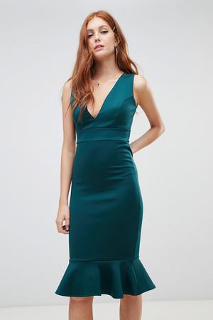 Зеленое платье с глубоким вырезом и оборкой по нижнему краю New Look New Look 59106