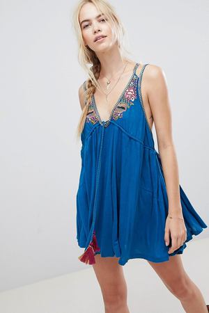 Платье с вышивкой и кисточками Free People Lovers Cove - Синий Free People 112883