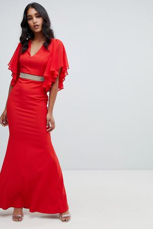 Красное декорированное платье макси с оборками на рукавах Lipsy Lipsy 32611