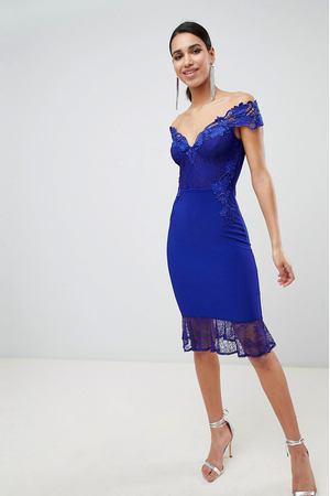 Платье миди с кружевным широким вырезом и баской Lipsy - Синий Lipsy 46513