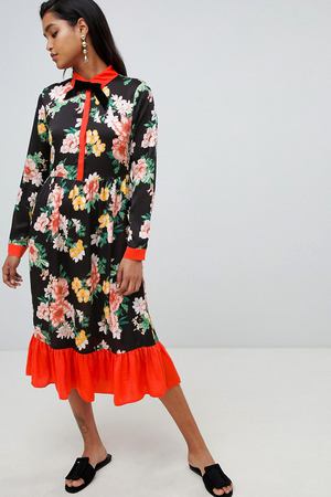 Бархатное платье миди с цветочным принтом и завязкой Vila - Черный Vila 57098 купить с доставкой