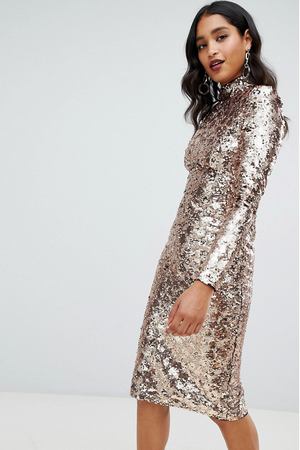 Платье миди с высоким воротником и золотистыми пайетками TFNC TFNC 61190 купить с доставкой