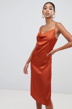 Темно-оранжевое атласное платье миди с драпировкой на лифе Missguided Missguided 134847