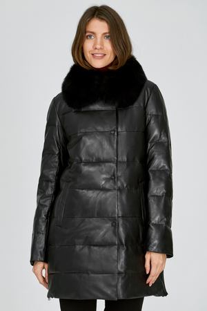 Утепленная кожаная куртка с отделкой мехом песца La Reine Blanche 26754