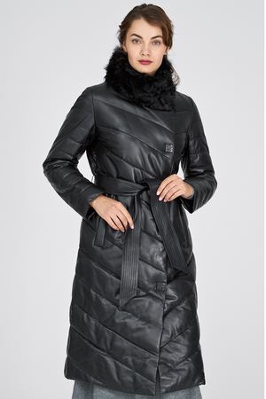 Утепленное кожаное пальто с отделкой мехом козлика La Reine Blanche 139787