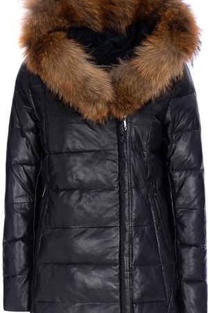 Утепленное кожаное пальто с отделкой мехом енота La Reine Blanche 253365